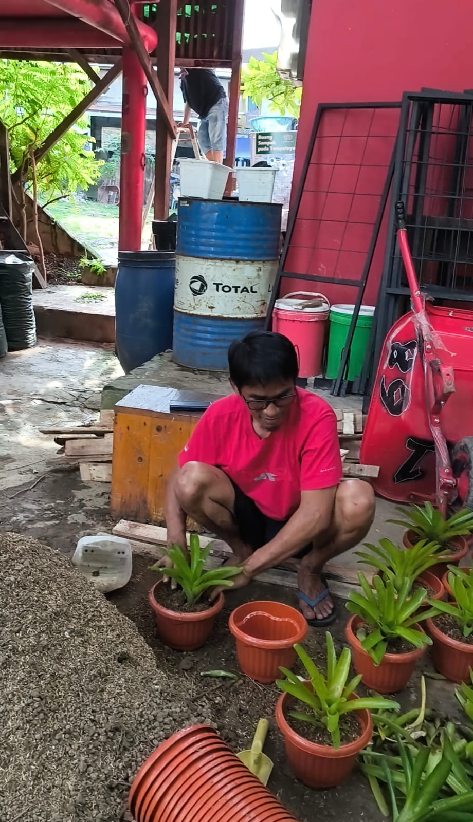 Suwanto turun langsung memindahkan tanaman kedalam pot. Ia membangun kesadaran melalui tindakan nyata.  &nbsp;   &nbsp;