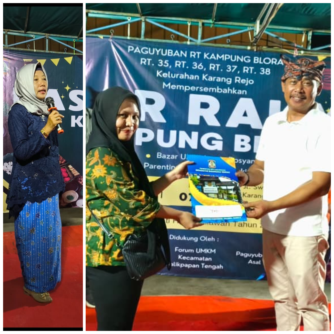 Lurah Karang Rejo Budi (kanan) menyerahkan sertifikat halal kepada pelaku usaha Kampung Blora saat Pasar Rakyat digelar untuk kedua kalinya. Foto kiri, Ketua Forum UMKM Balikpapan Tengah Dyah Retnani.