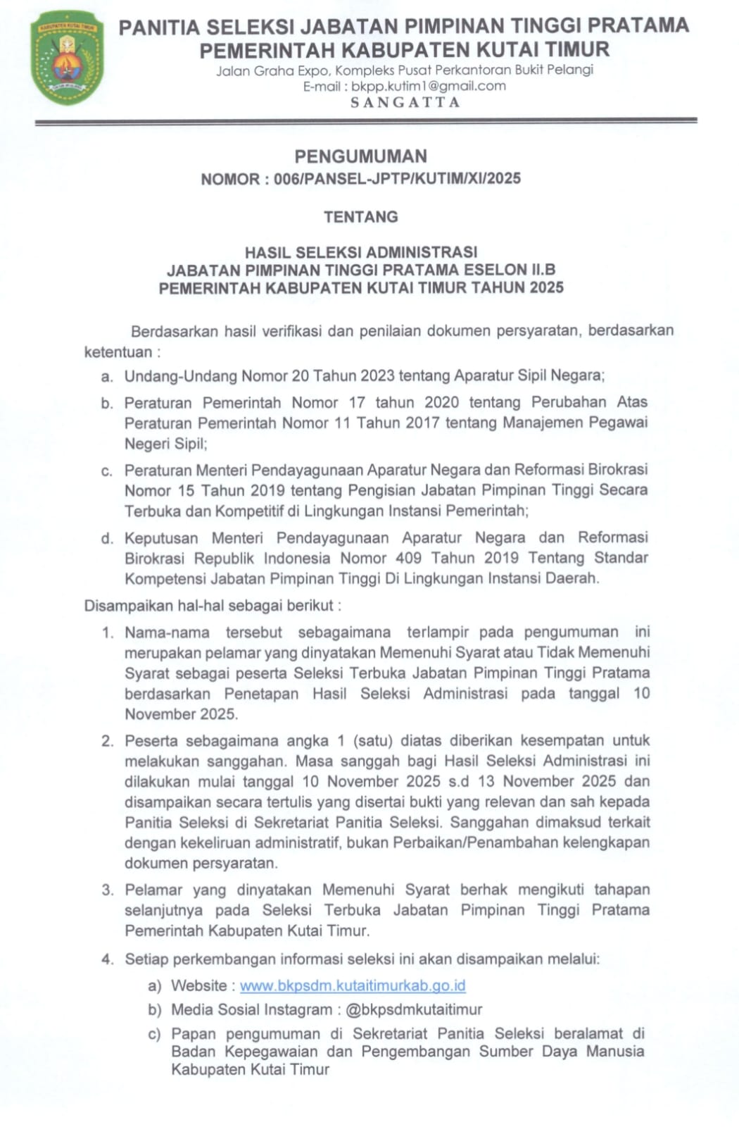 Surat pengumuman hasil seleksi JPT Pratama Eselon II B Pemkab Kutim 2025.