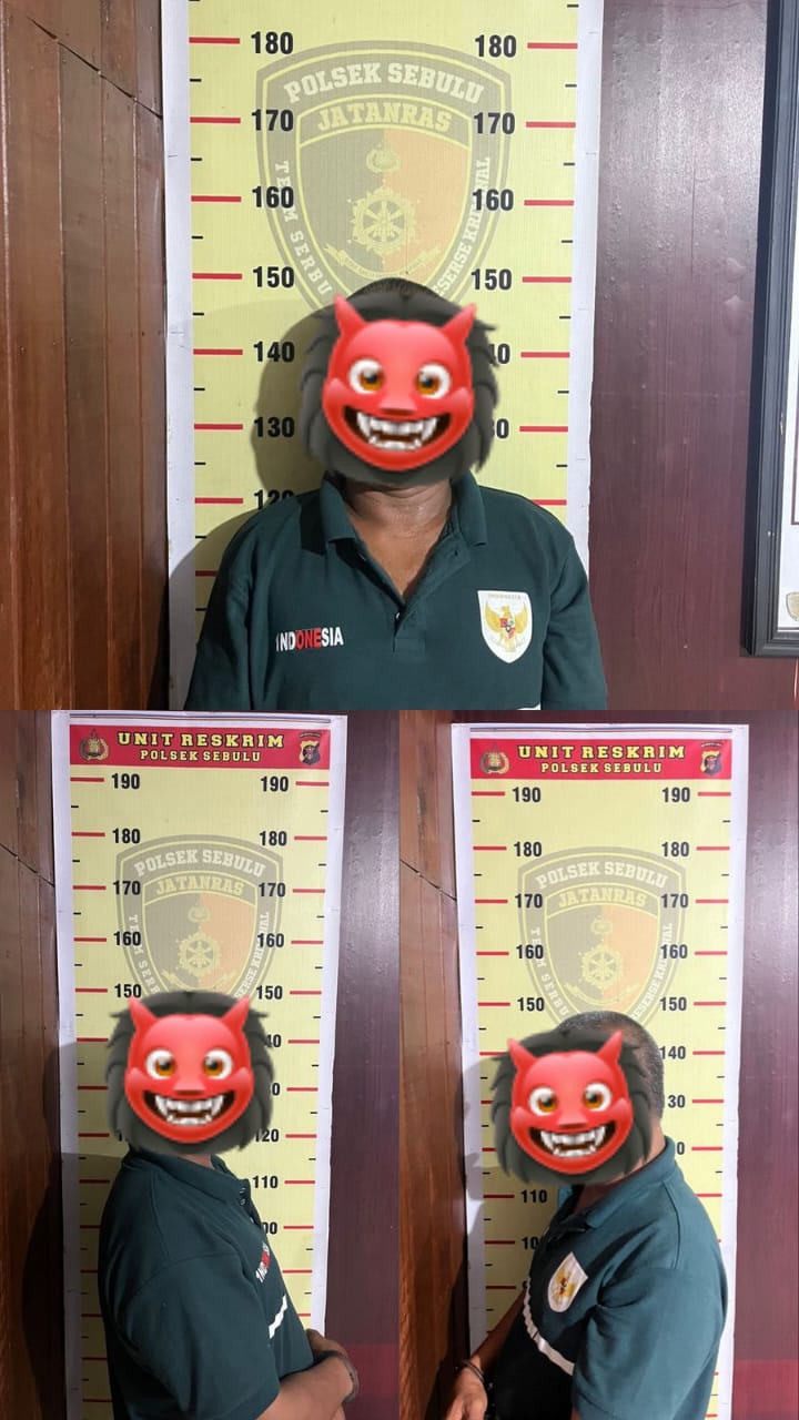 Tersangka berusia 44 tahun saat menjalani proses identifikasi di Polsek Sebulu setelah ditetapkan dalam kasus dugaan kekerasan seksual terhadap anak. (Istimewa)