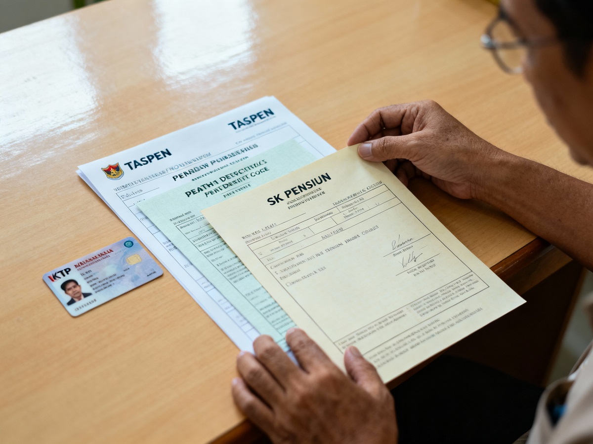 Ilustrasi ahli waris menyiapkan berkas seperti KTP, surat kematian, dan SK pensiun untuk pencairan pensiun terusan di Taspen.
