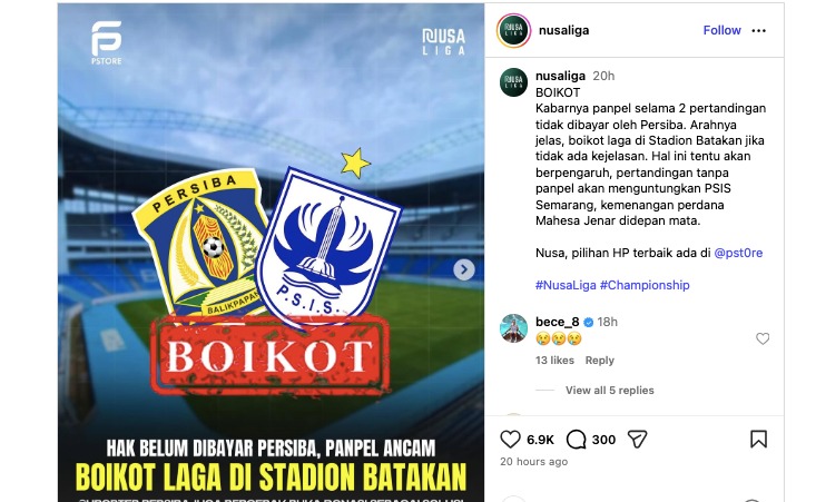 Kabar boikot laga Persiba Balikpapan vs PSIS viral di media sosial. (Tangkapan Layar)