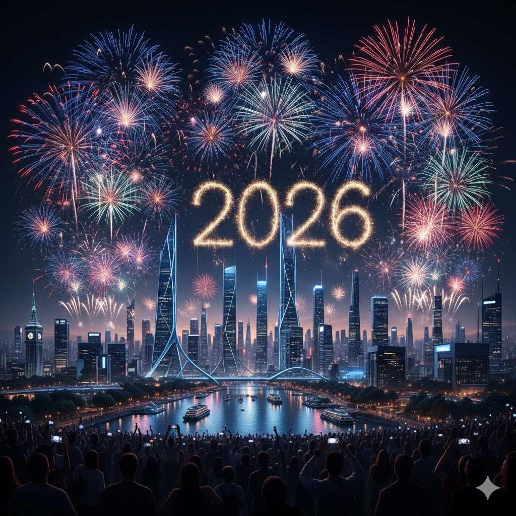 Ilustrasi pesta kembang api merayakan pergantian tahun 2025 ke 2026.