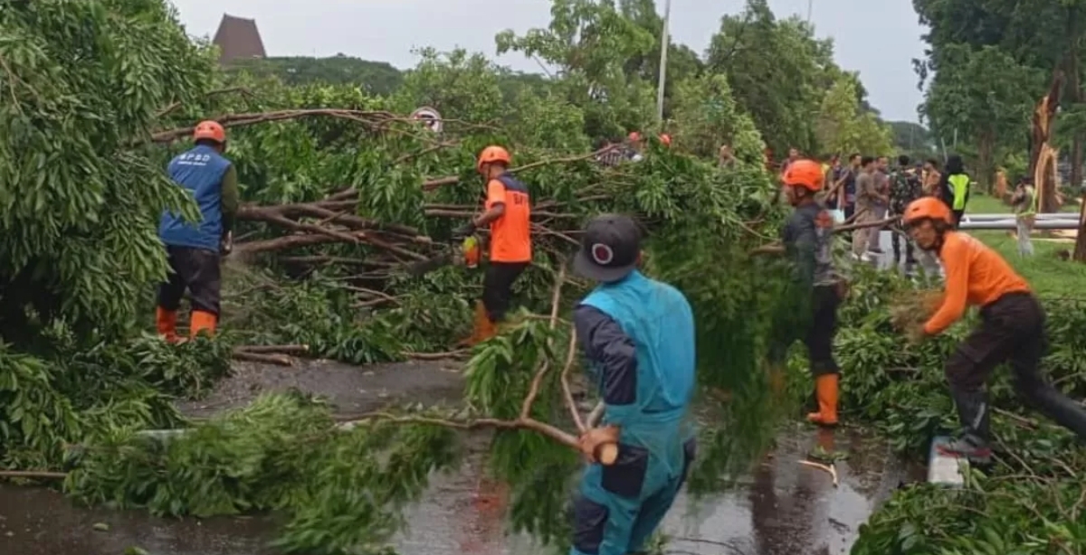 Petugas membersihkan pohon yang roboh di parkiran Bandara Juanda setelah diterjang angin puting beliung. (Foto Radar Surabaya)
