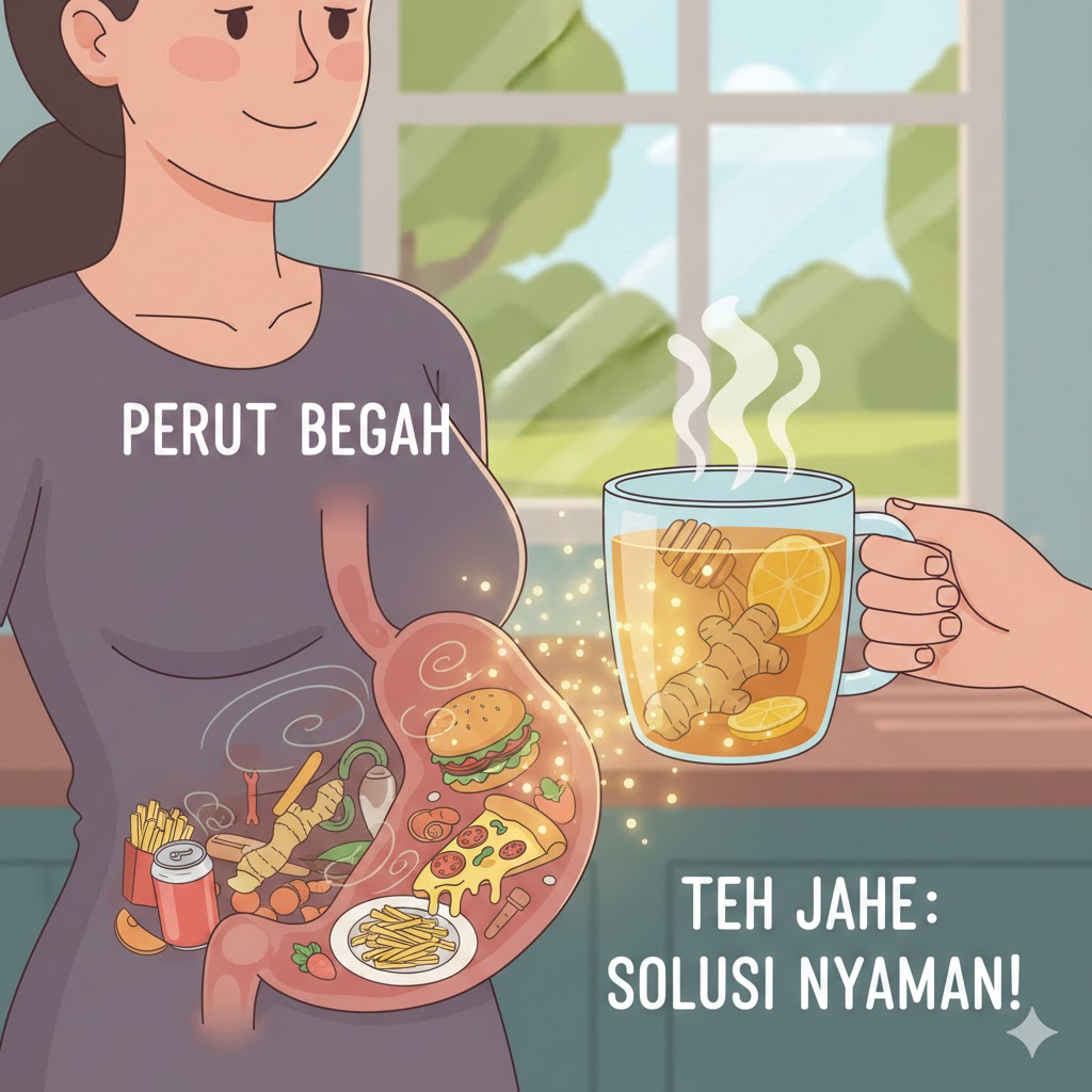 Ilustrasi perut begah dan teh jahe.