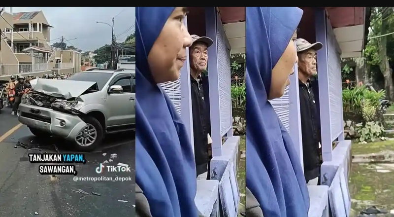 Mobil Toyota Fortuner milik Erika ringsek setelah menahan laju truk bermuatan pasir yang gagal menanjak di Tanjakan Yapan, Sawangan, Depok, Rabu (15/1/2026). (Foto tangkapan layar)