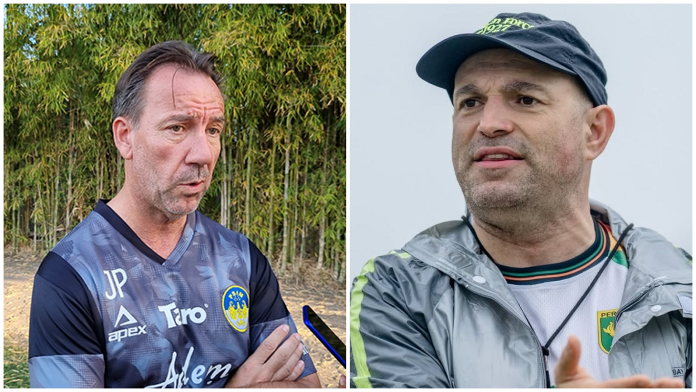 Pelatih PSIM Yogyakarta Jean-Paul van Gastel dan pelatih Persebaya Bernardo Tavares bersiap menyusun strategi jelang laga putaran kedua BRI Super League 2025/2026.