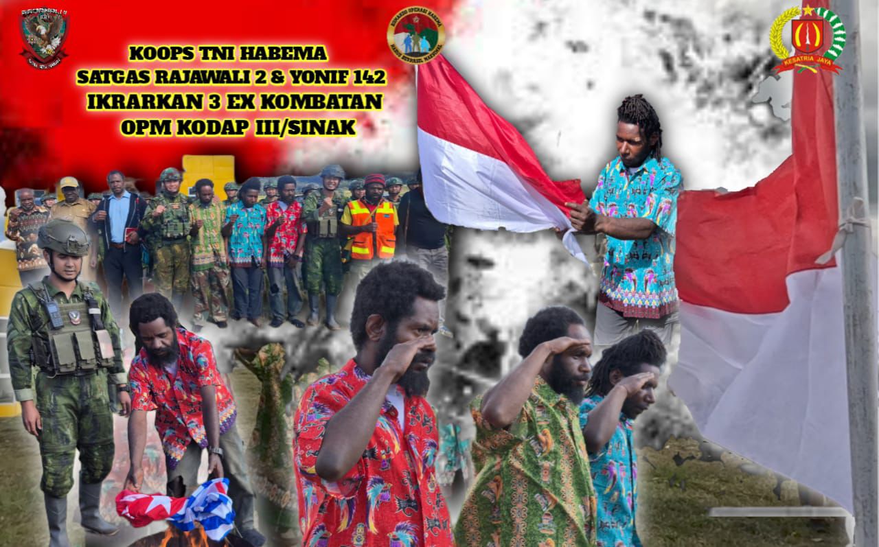 Tiga mantan anggota OPM Kodap III/Sinak mengucapkan ikrar setia kepada NKRI di Distrik Agandugume, Kabupaten Puncak, Papua Tengah, disaksikan Satgas TNI HABEMA, tokoh masyarakat dll.