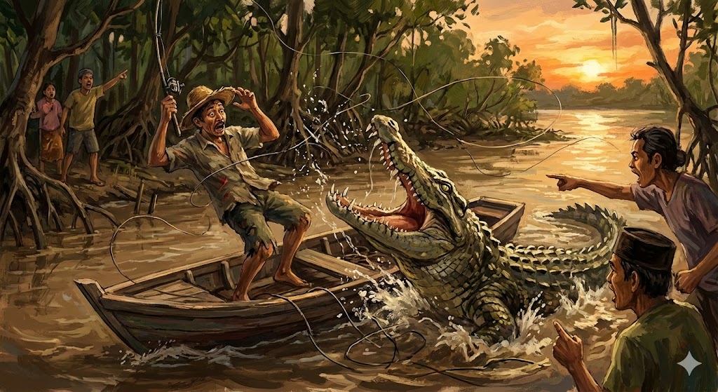 Ilustrasi serangan buaya. (AI)