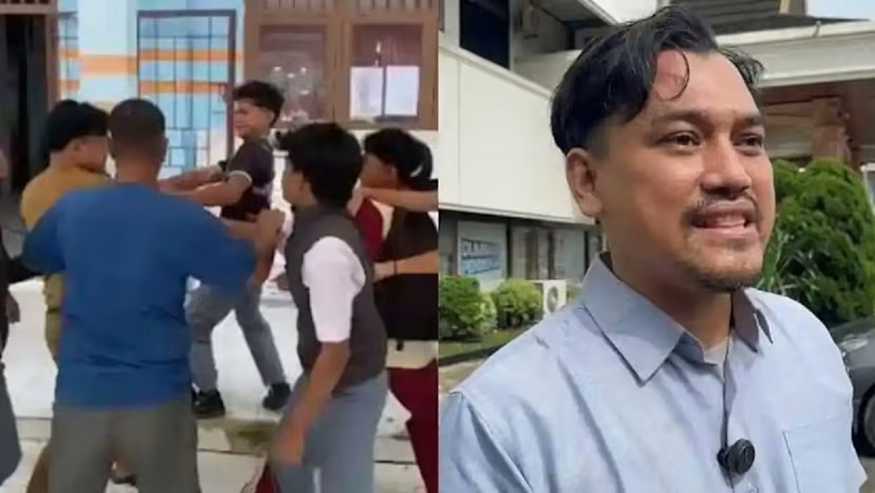 LAPOR POLISI: Aksi pengeroyokan dan guru Agus Saputra yang kemudian melaporkan kejadian yang menimpanya ke polisi.