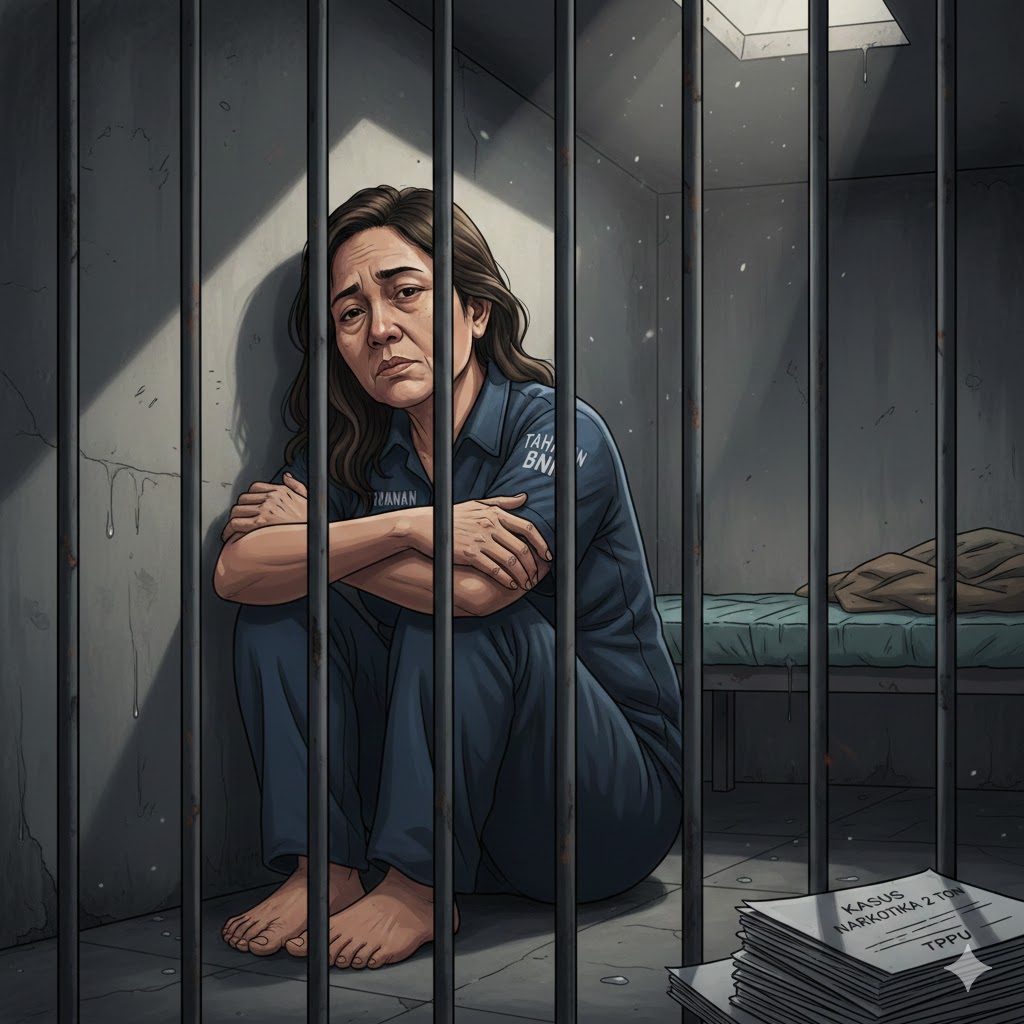 Ilustrasi gembong narkoba berada di balik terali besi.