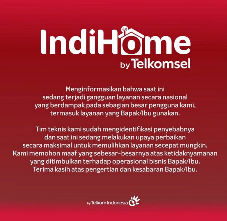 Internet IndiHome dan Telkomsel gangguan hari ini, 22 Januari 2026.