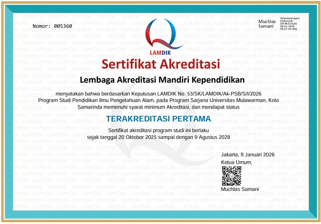 Status Terakreditasi Pertama dari Lembaga Akreditasi Mandiri Kependidikan yang diperoleh Program Studi Pendidikan IPA FKIP Universitas Mulawarman.