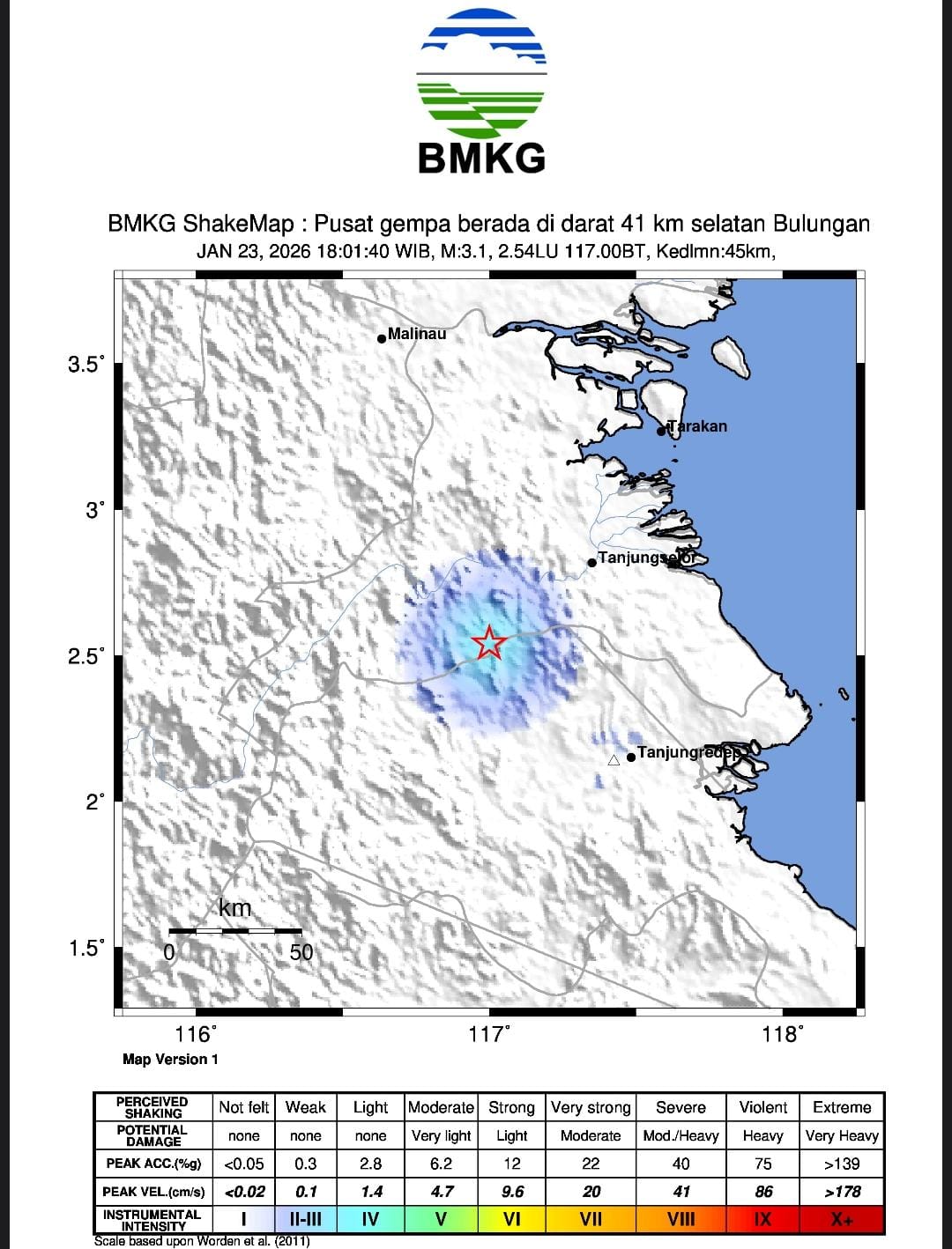 GEMPA: Bulungan diguncang gempa bumi tektonik pada Jumat 23 Januari 2026. (Foto BMKG)