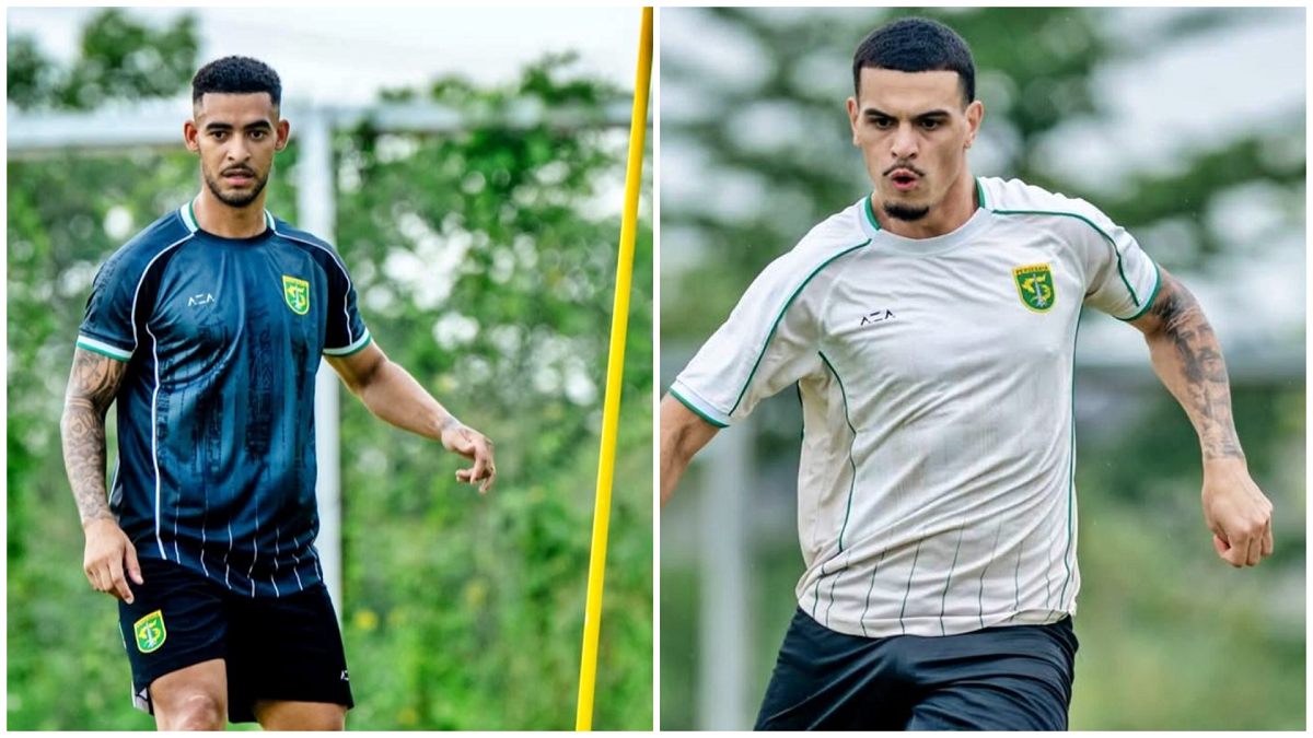 Pemain asing baru Persebaya Surabaya, Gustavo Fernandes dan Jefferson da Silva, bersiap menjalani debut saat menghadapi PSIM Yogyakarta di Stadion Sultan Agung Bantul, Minggu (25/1/2026).