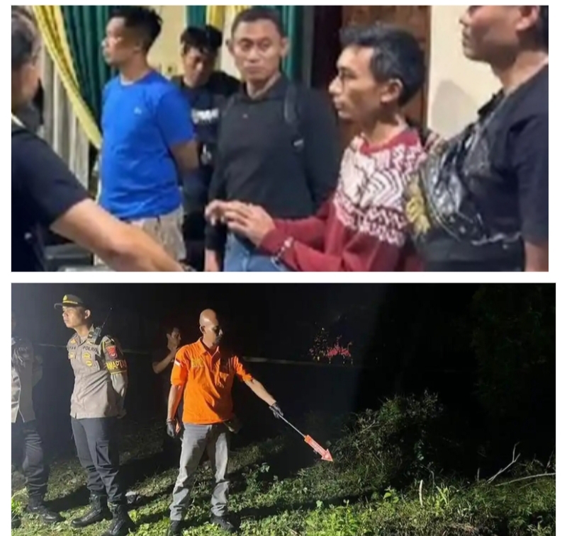 Bara Pra Rio saat diamankan petugas Polda NTB (foto atas). Aparat kepolisian memperlihatkan lokasi Bara membakar ibu kandungnya. (Foto Polda NTB)