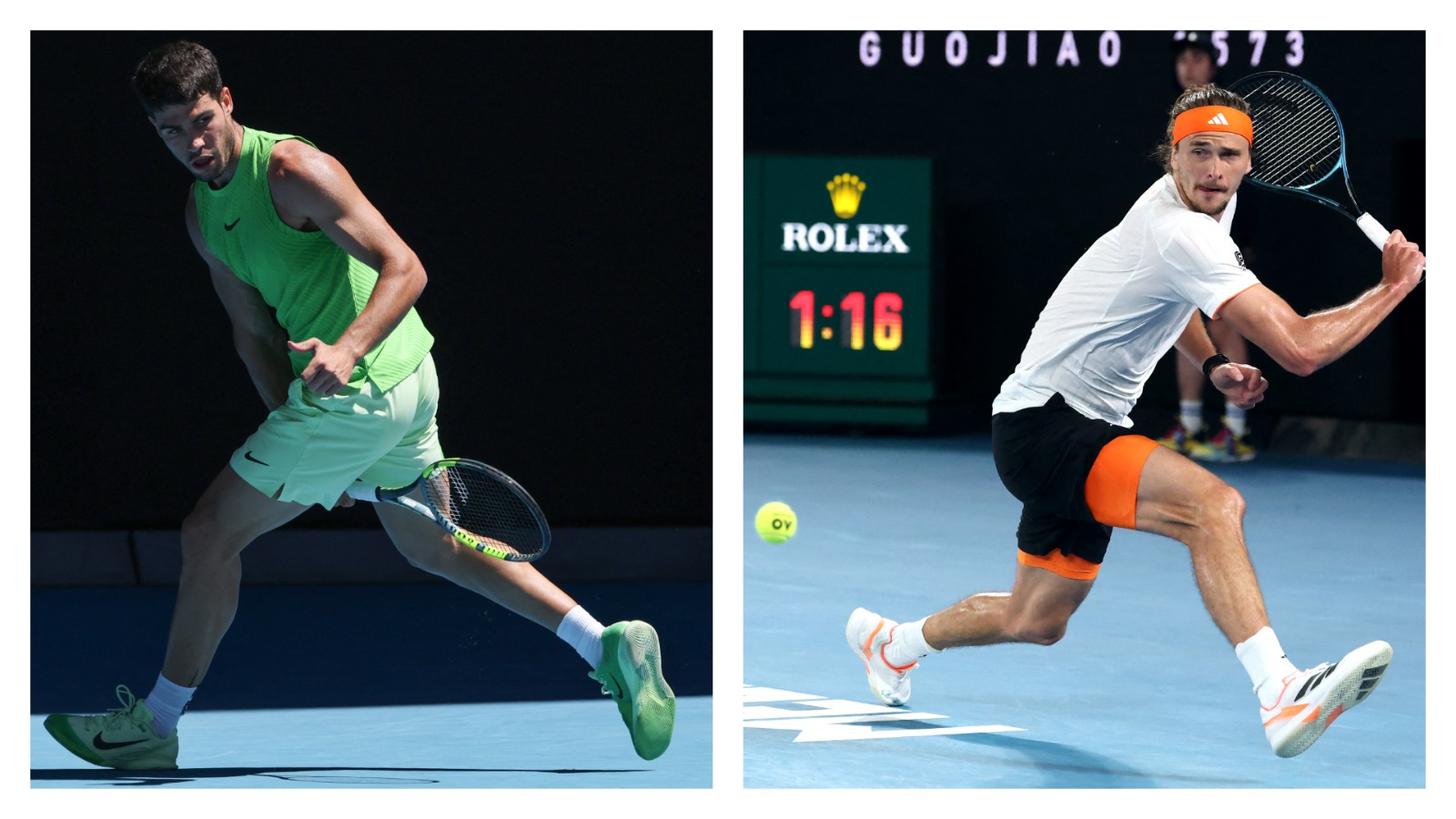 Carlos Alcaraz dan Alexander Zverev (foto kanan) memiliki catatan pertemuan yang sama kuat untuk berebut tiket final grand slam Australian Open 2026 di Melbourne Park hari ini (30/1).