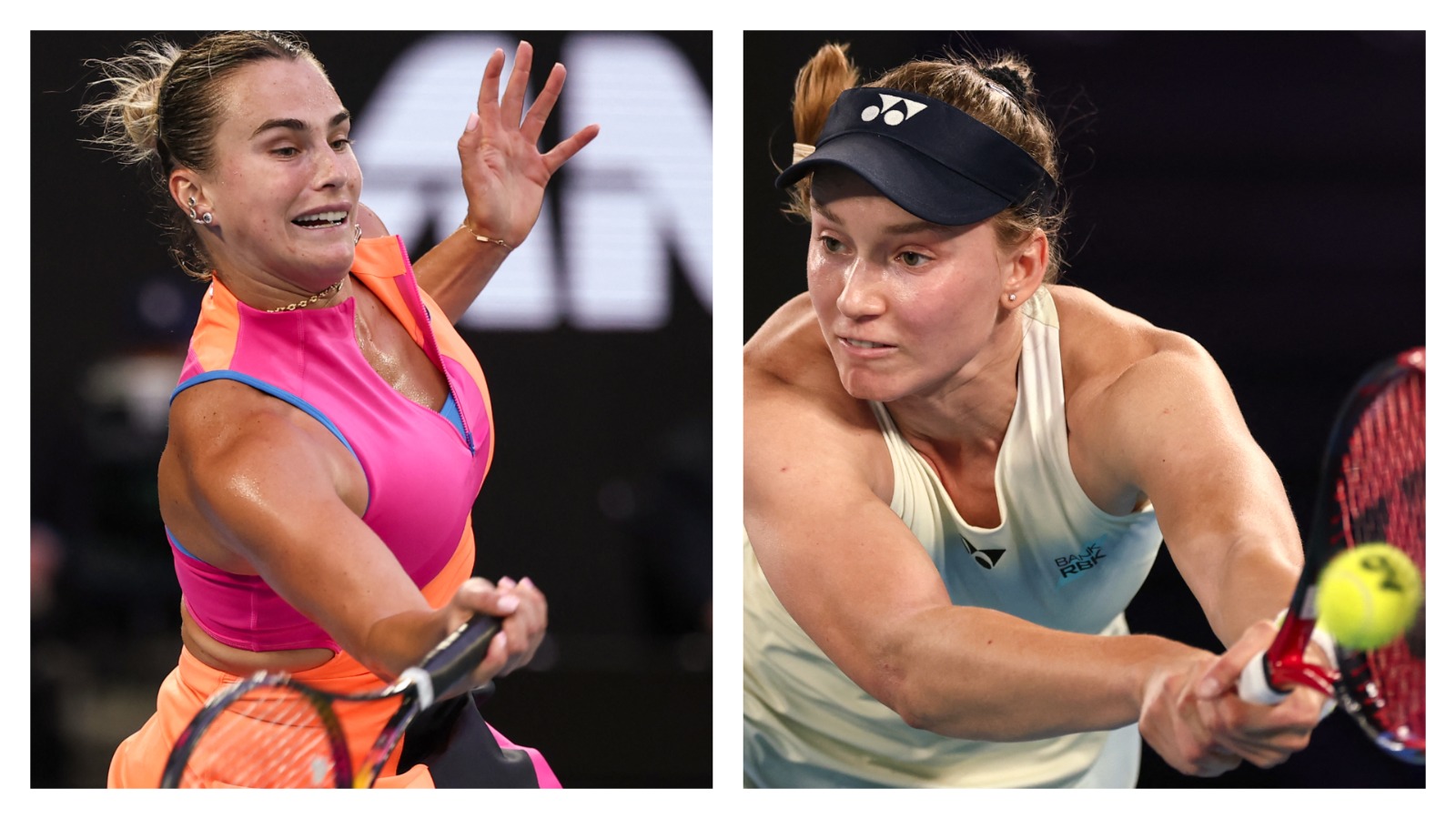 Aryna Sabalenka (kiri) menghadapi Elena Rybakina pada laga final Australia Open di Melbourne hari ini (31/1).