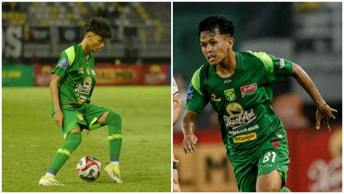 Kolase dua pemain muda Persebaya Surabaya, Dimas Wicaksono dan Ichsas Baihaqi, mencatat debut di Super League 2025/2026 sebagai simbol regenerasi Green Force.