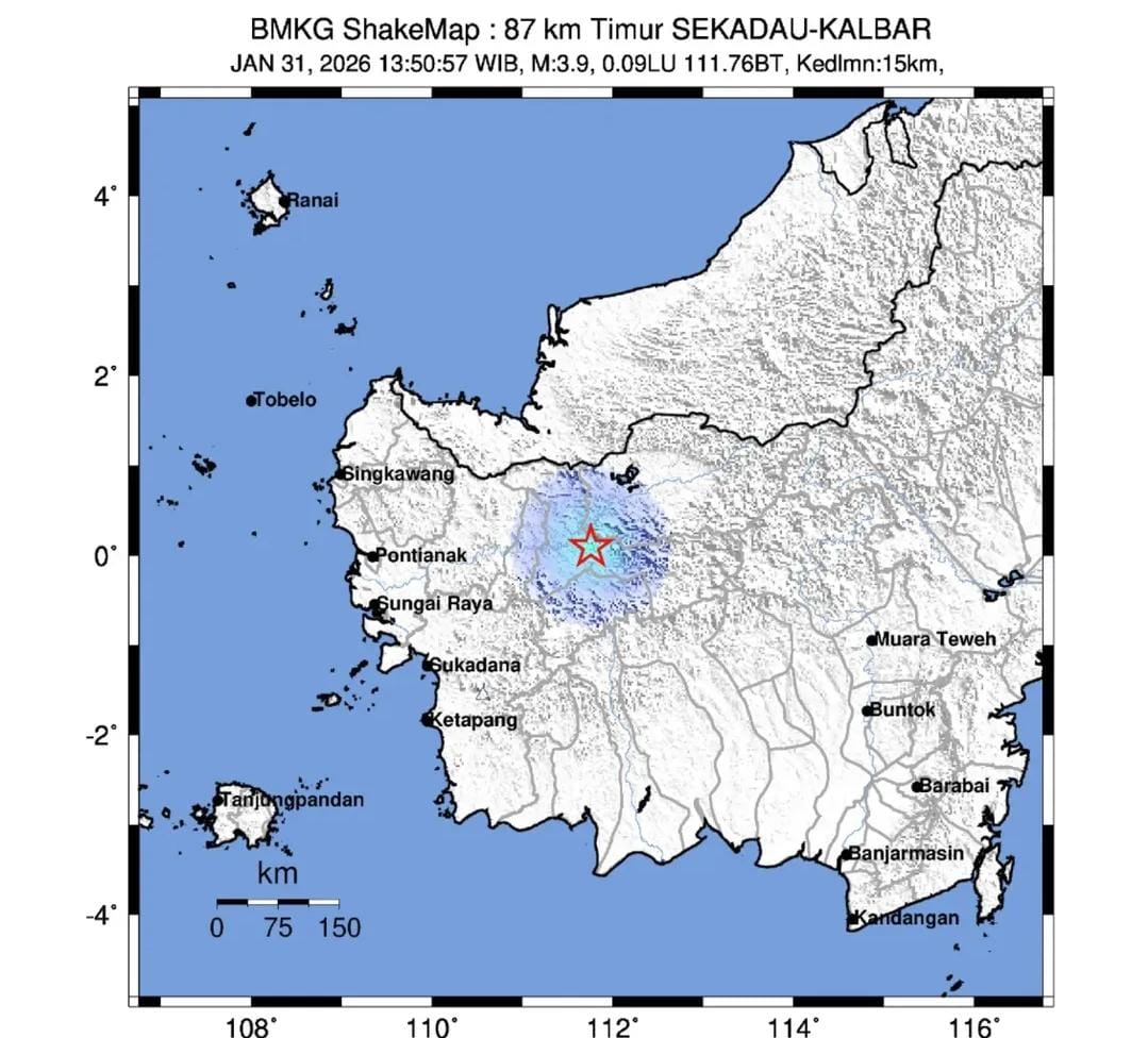 BENCANA: Wilayah Sintang, Kalimantan Barat, diguncang gempa bumi tektonik bermagnitudo 3,9 pada Sabtu (31/1/2026) siang.