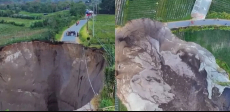Lubang tanah berukuran besar di Aceh Tengah terus melebar dan dinilai berpotensi mengancam permukiman warga.  (Instagram.com/@trendingbuzz.id)