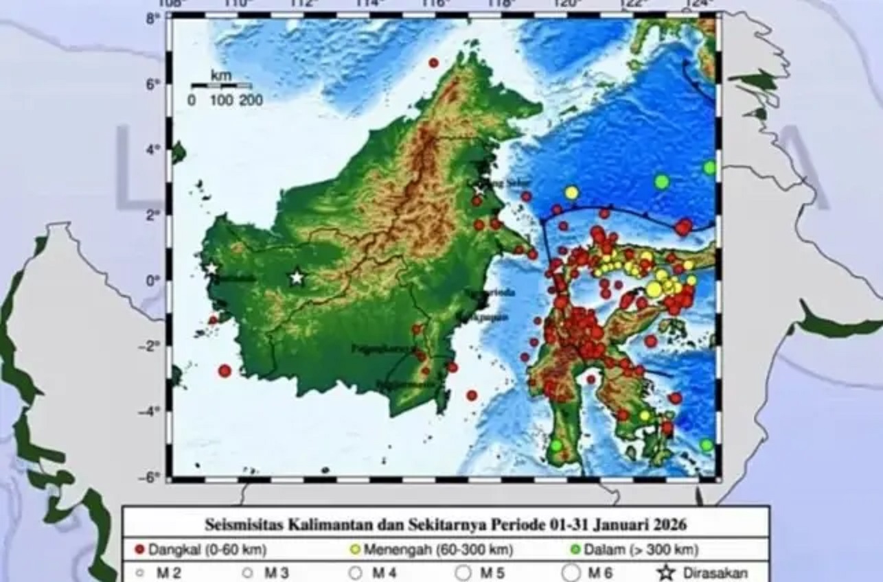 SEBARAN: Peta sebaran gempa bumi tektonik di Kaltim selama Januari 2026.