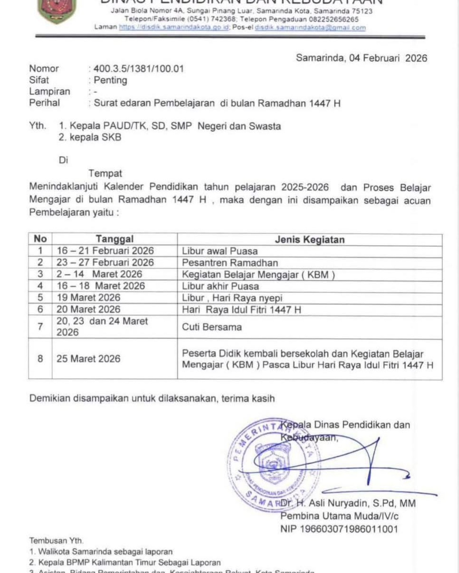 Surat Edaran terkait kegiatan pembelajar dan jadwal libur sekolah Ramadhan 2026 dari Disdikbud Kota Samarinda.