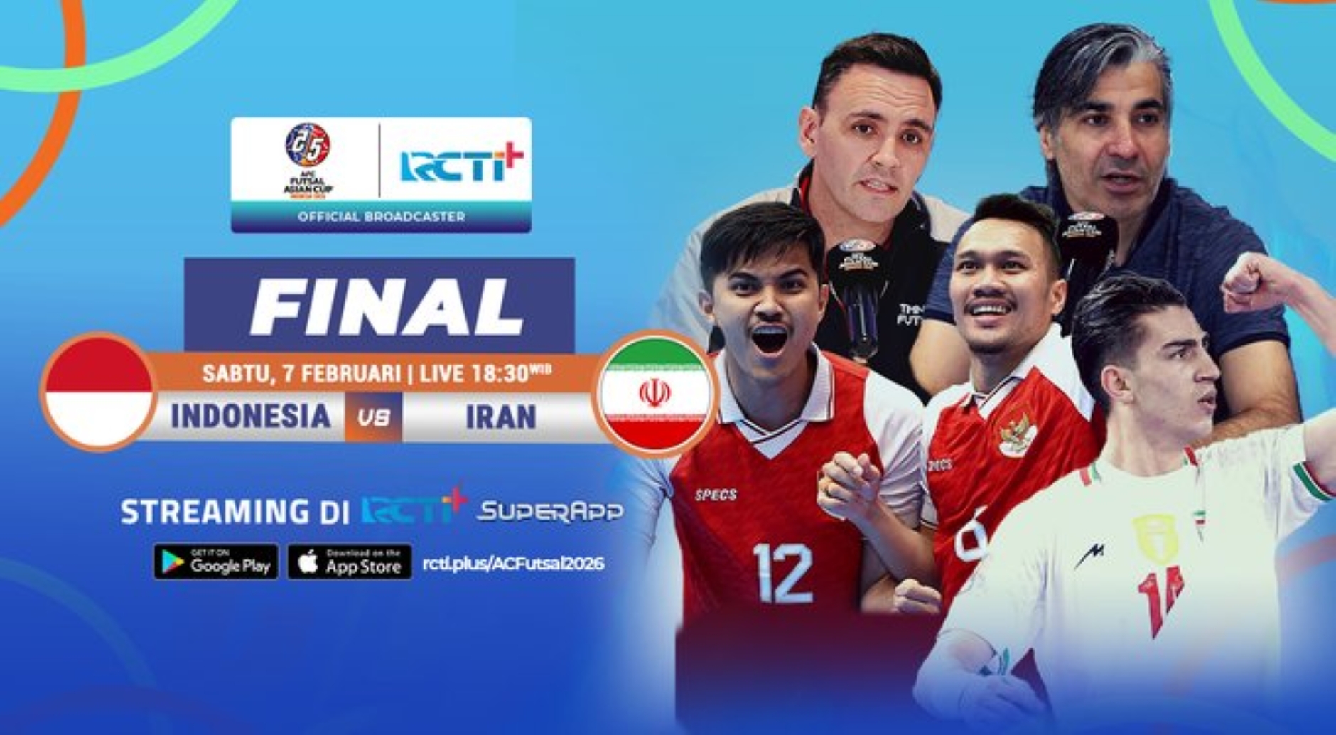 Link live streaming Final Futsal Indonesia vs Iran malam ini, 7 Februari 2026, di RCTI Plus.