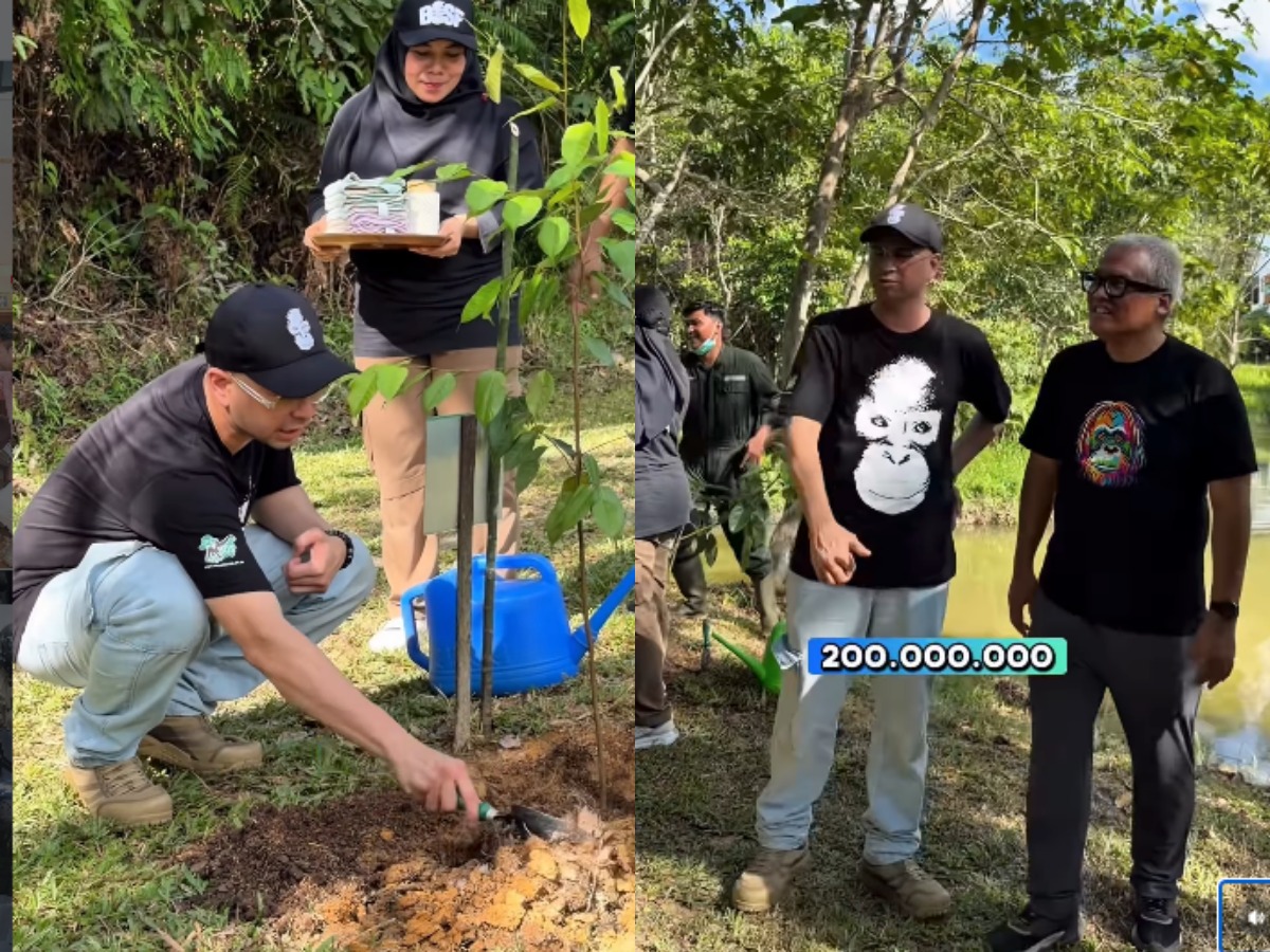Raffi Ahmad menanam pohon dan memberikan donasi untuk konservasi orang utan.
