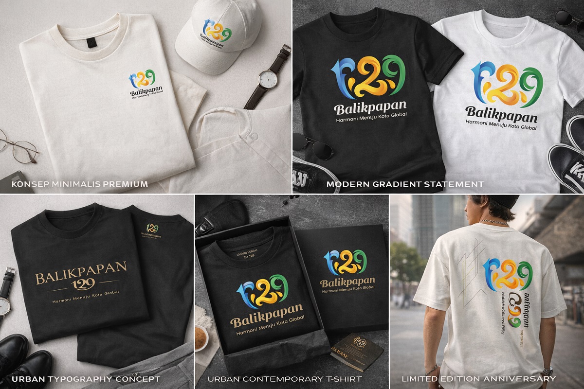 Inspirasi penerapan logo HUT ke-129 Balikpapan pada merchandise kaos agar terlihat modern dan elegan.