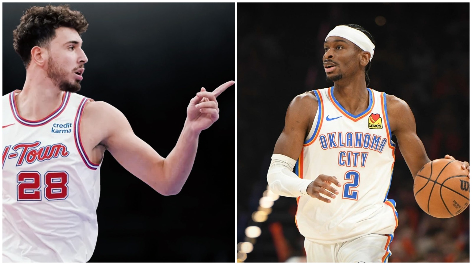 Center Houston Rockets Alperen Sengun (kiri) menggantikan posisi guard Oklahoma City Thunder Shai Gilgeous-Alexander di tim World dalam NBA All-Star Game 2026.
