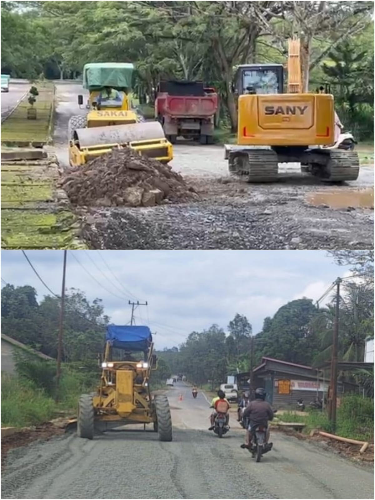Penghamparan agregat kelas A untuk menunjang pekerjaan utama preservasi jalan nasional di Kubar.  &nbsp;