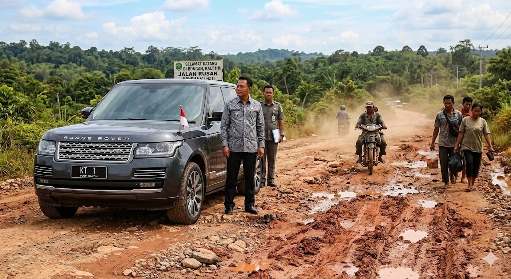 Ilustrasi mobil mewah versus jalan rusak di Kaltim.