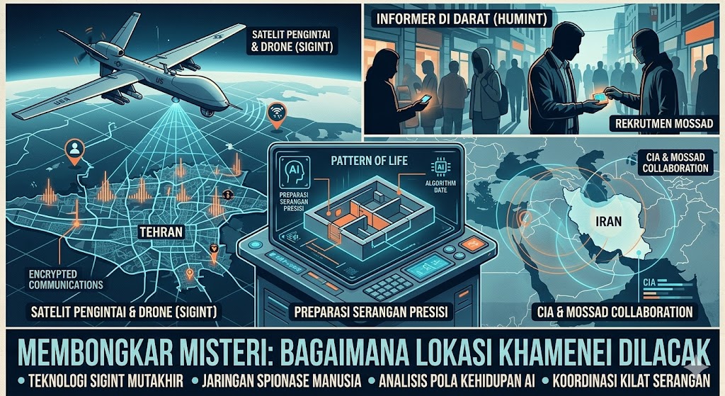Ilustrasi agen rahasia melacak keberadaan Pemimpin Tertinggi Iran, Ayatollah Ali Khamenei.