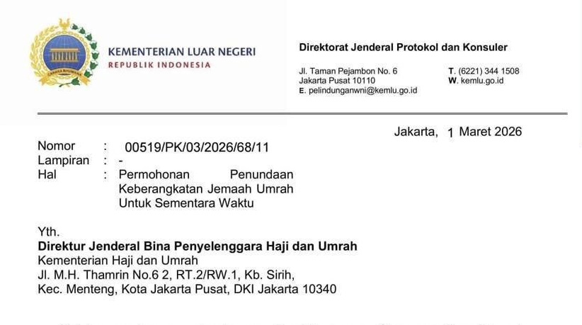 PENUNDAAN: Surat kemenlu yang meminta penundaan keberangkatan jamaah umrah untuk sementara waktu.