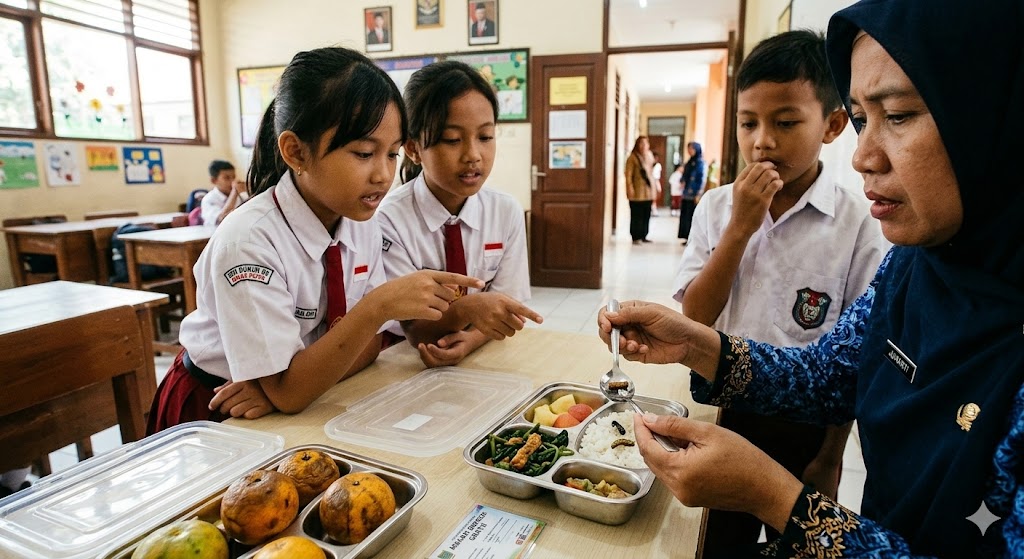 Ilustrasi visual yang menggambarkan temuan ulat dan buah busuk pada menu Makan Bergizi Gratis (MBG) di sebuah sekolah dasar di Salatiga.