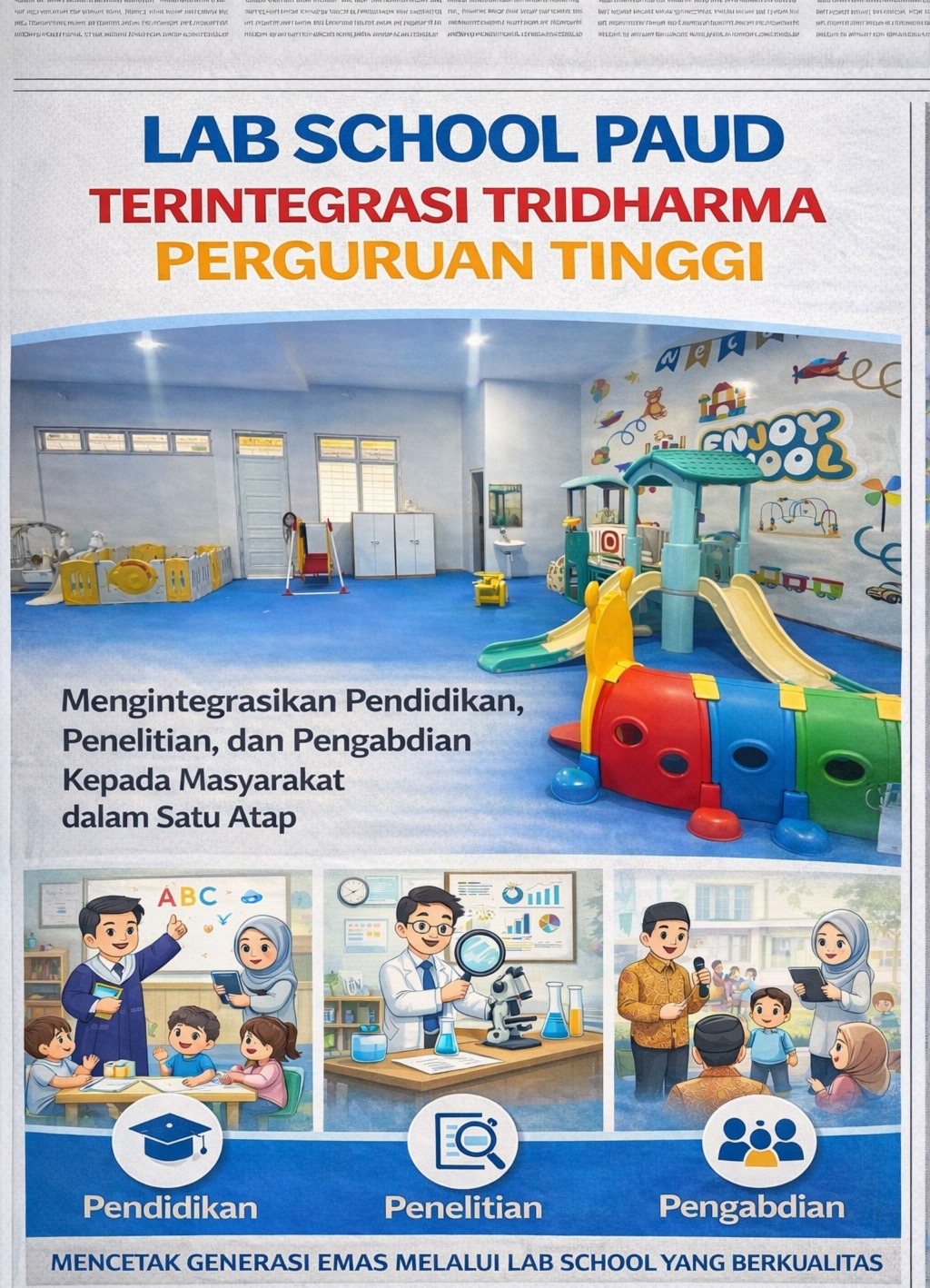 PENGEMBANGAN: Sekolah Laboratorium Berbasis Akademik dan Riset, Labschool PAUD FKIP bukan sekadar lembaga pendidikan anak usia dini, melainkan laboratorium pendidikan berbasis institusi sekolah.