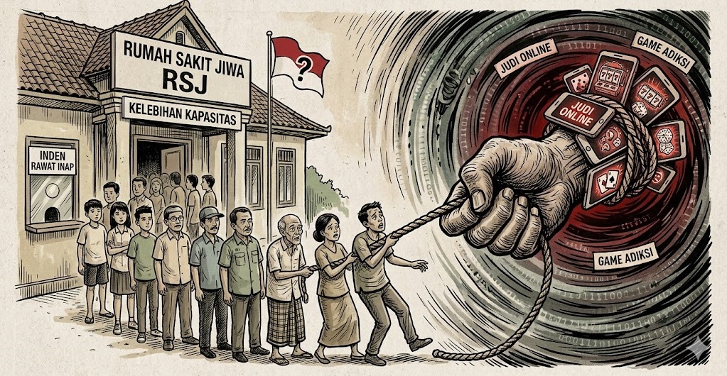 Ilustrasi antrean di RSJ mulai dari pejabat hingga pengangguran akibat kecanduan gim dan judol.