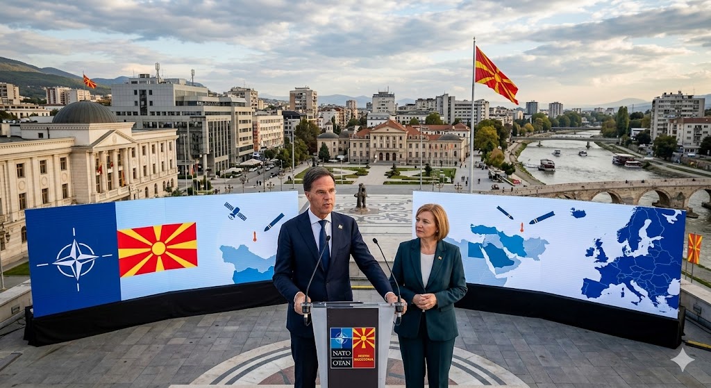 Ilustrasi Sekjen NATO, Mark Rutte dan Presiden Makedonia Utara, Gordana Siljanovska-Davkova dalam konferensi pers.
