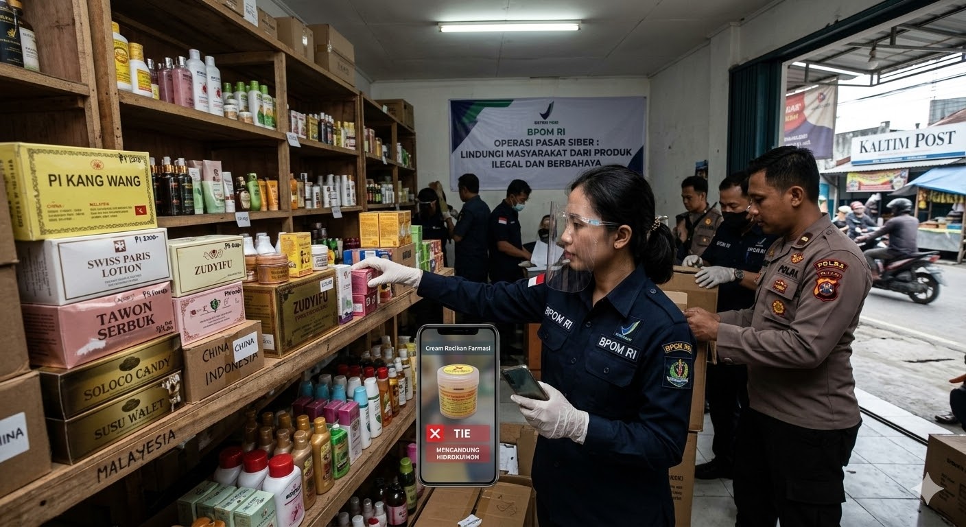 Ilustrasi petugas BPOM dan aparat kepolisian saat menggerebek penjualan obat-obatan ilegal.