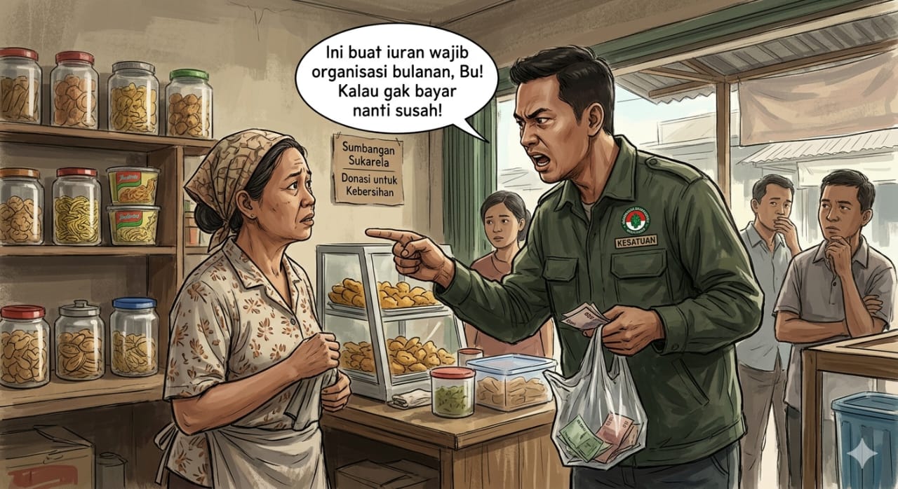 Ilustrasi oknum yang mengaku dari organisasi meminta uang ke sejumlah warung. 
