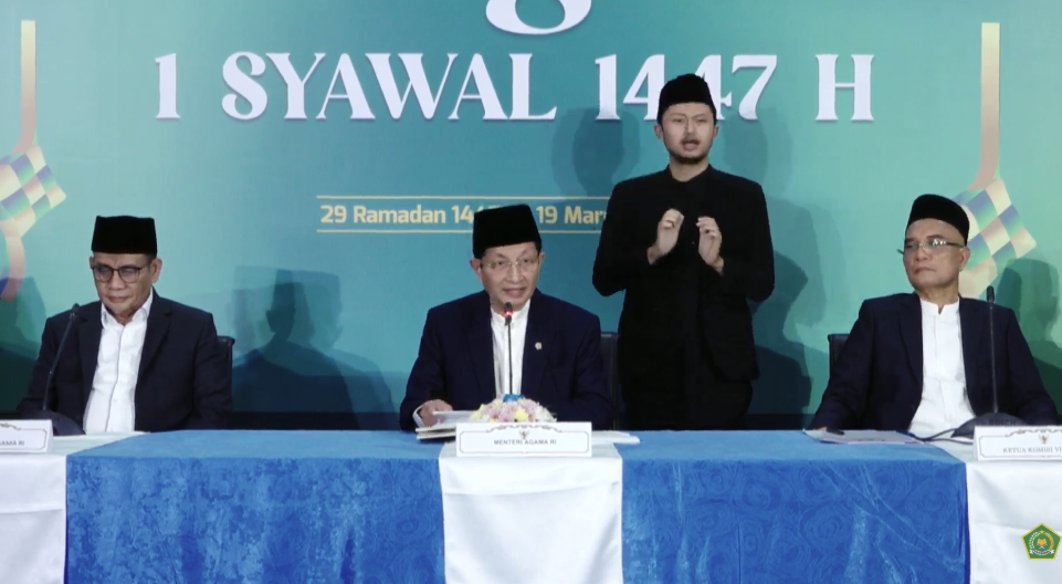 Menag Nasaruddin Umar mengumumkan hasil sidang isbat 1 Syawal 1447 ditetapkan 21 Maret 2026. (Foto: Kemenag)
