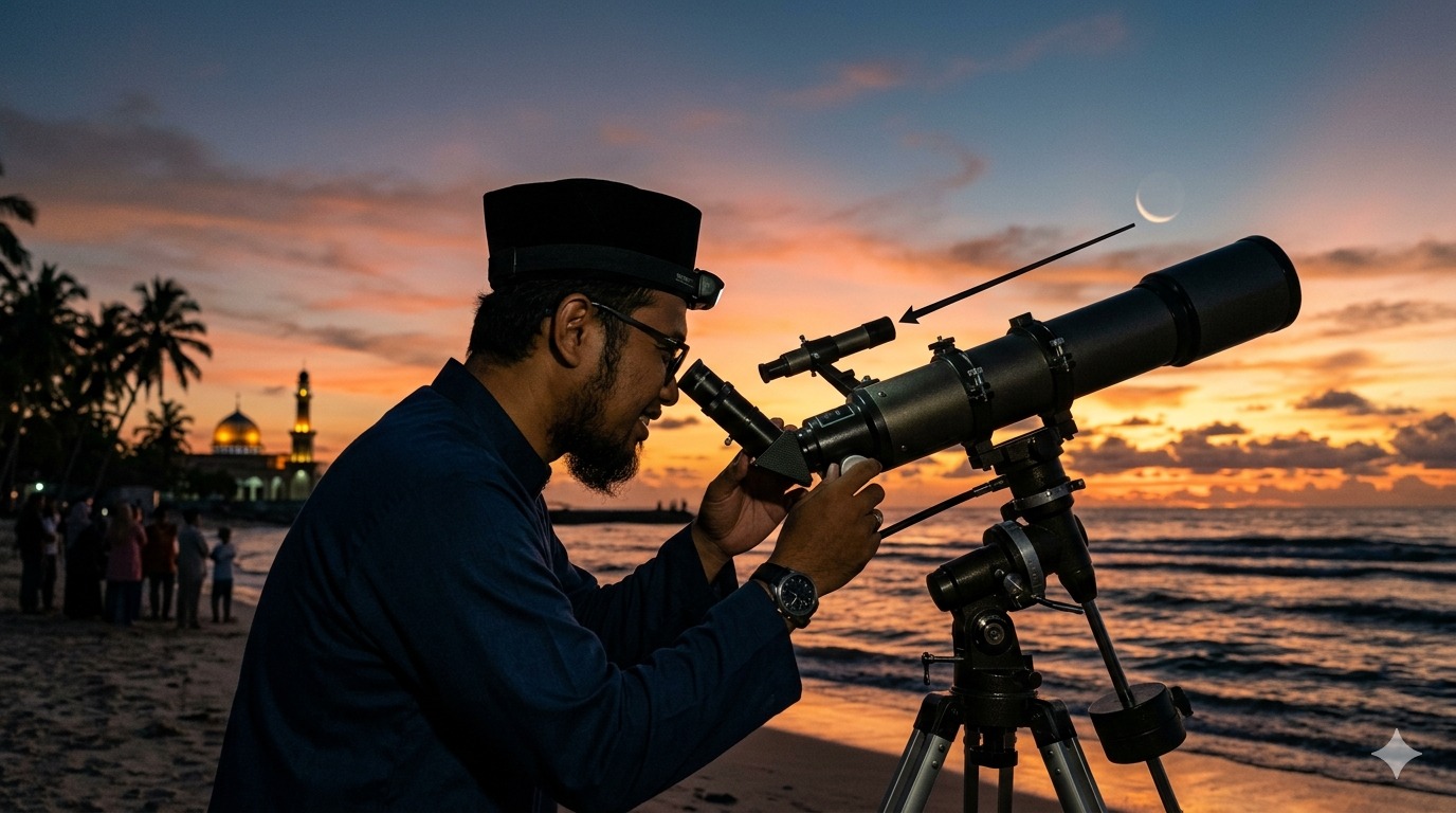 Ilustrasi pemantauan hilal sebagai rangkaian Sidang Isbat Idul Fitri 1447 H. (Generator AI)