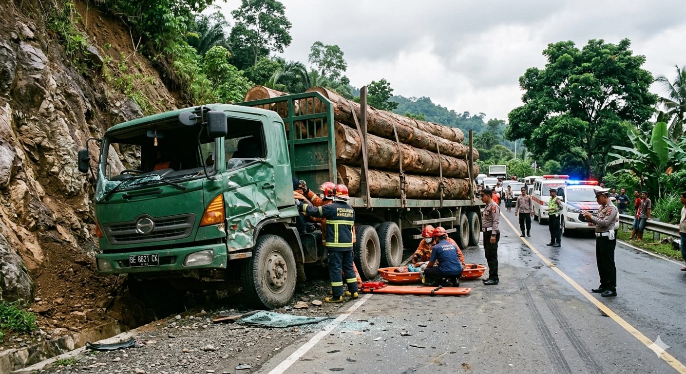 Ilustrasi kecelakaan truk roda 10 yang membawa kayu log di kawasan Gunung Cermin, Kubar.  &nbsp;