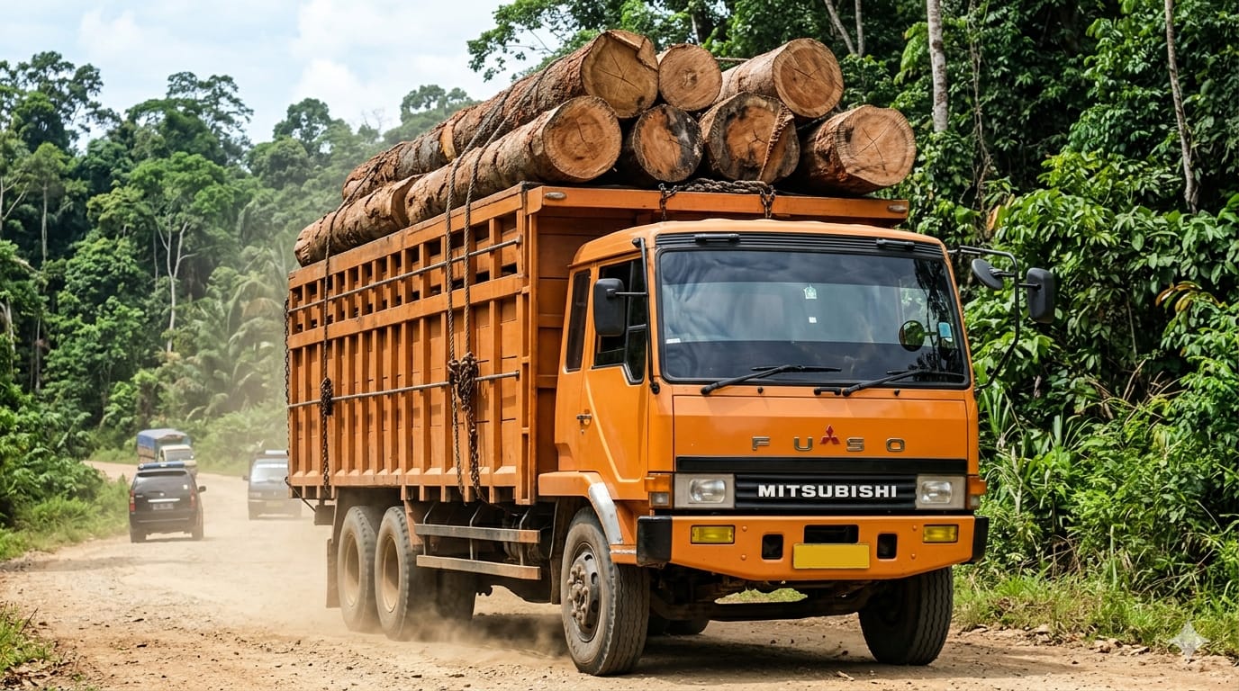 Ilustrasi truk fuso bawa kayu Log.  &nbsp;