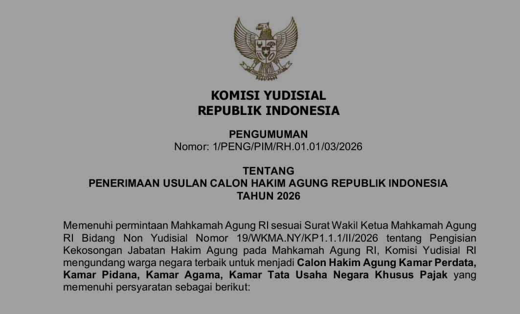 Tangkapan layar pengumuman seleksi calon hakim agung 2026. (Ist)