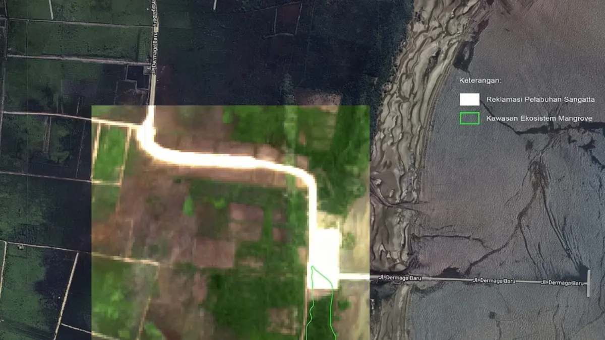 KURANG SESUAI: Citra satelit kawasan Dermaga Pelabuhan Laut Sangatta menunjukkan sebagian segmen pembangunan berada di area ekosistem mangrove. Tanda berwarna putih menandai area yang telah kehilangan vegetasi.