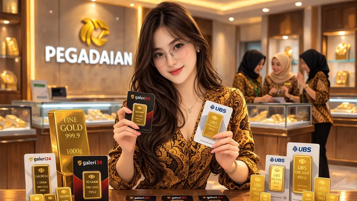 Harga emas Pegadaian hari ini 20 April 2026 naik. UBS tertinggi, Antam tembus Rp3 juta, Galeri24 ikut menguat. (Generate AI)