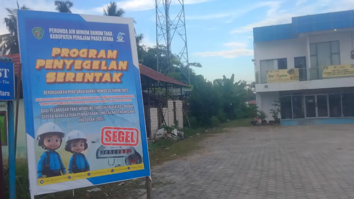 IMBAUAN: Imbauan penyegelan serentak yang di tampilkan oleh Perumda Air Minum Danum Taka PPU. (AHMAD MAKI/KP)
