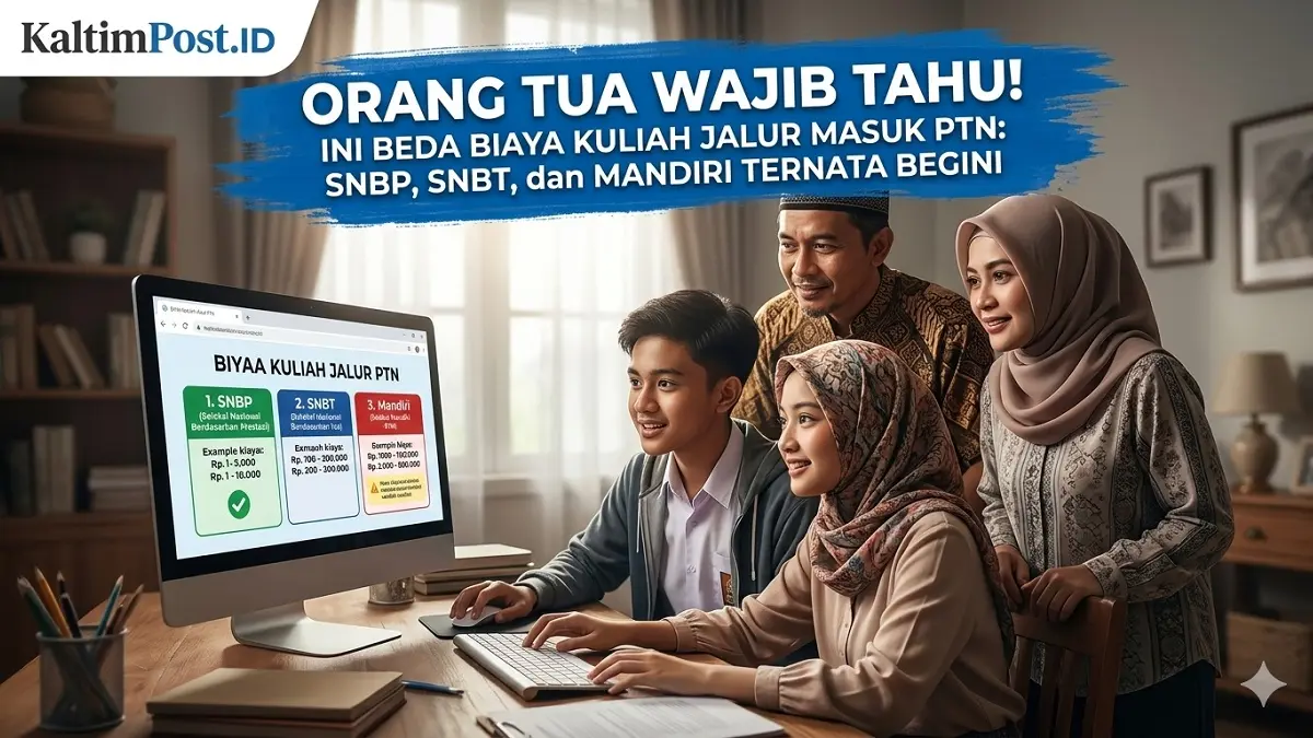 Ilustrasi calon mahasiswa dan mahasiswi sedang mengecek biaya kuliah di layar komputer. (Generate AI)